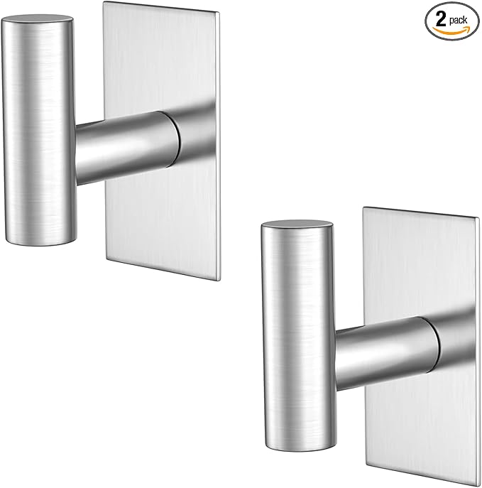 PMMASTO Adhesive Hooks, Stainless Steel Sticky Hooks for Hanging, Self Adhesive Shower Wall Hooks, Towel Hooks Heavy Duty for Bathroom, Bedroom RV and Kitchen- 2 PC (Silver)