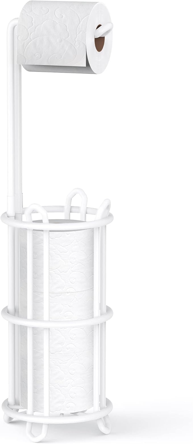 Meangood Toilet Paper Holder Stand and Tissue Paper Roll Dispenser for 4 Mega Rolls, Bathroom Free Standing Tissue Roll Storage Holder Rack, Metal Wire White