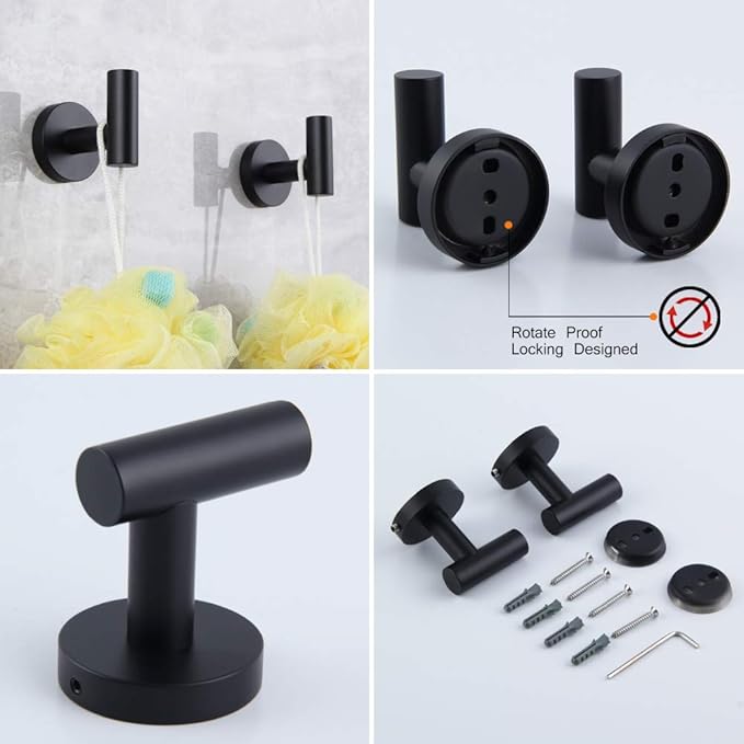 Matte Black Bathroom Accessories Kit 5-Pieces Bathroom Hardware Set Wall Mounted - Includes 24" Double Towel Bar, 12" Hand Towel Bar, Toilet Paper Holder, 2X Robe Towel Hooks …
