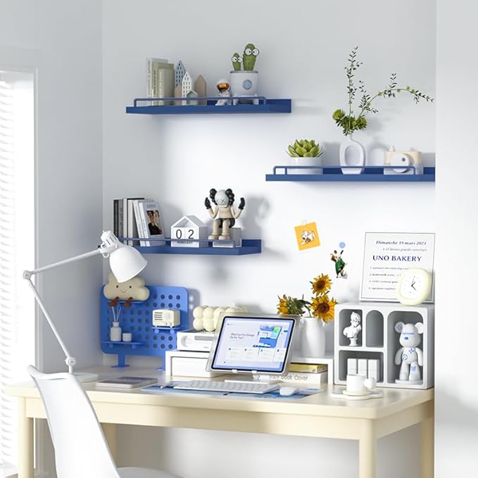 Floating Shelves, Bathroom Decor Shelves Over Toilet, Farmhouse Wall Shelves for Living Room, Bedroom, Picture Frames, Plants, Kitchen, Set of 3 (Dark Blue)