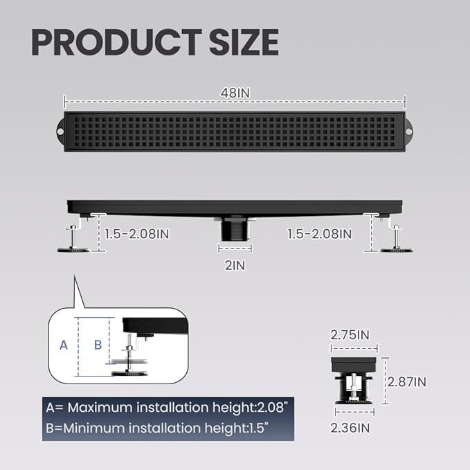 Linear Shower Drain 48 Inch Black, Brushed AISI 304 Stainless Steel Shower Drain with Square Hole Panel, for Bathroom, Kitchen, Garage & More