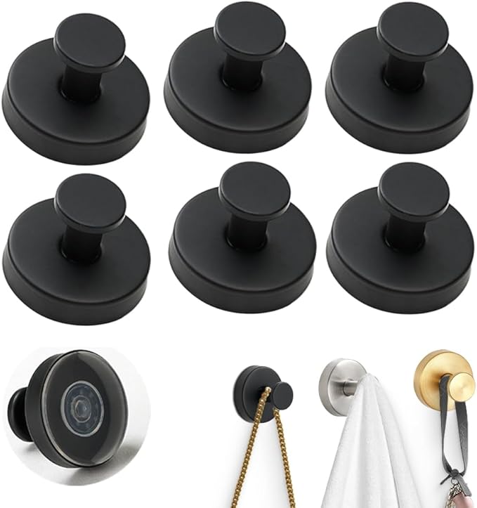 Suction Cup Hooks for Door Wreaths,2026 New No-Drill Hooks for Valentine's Decor,Stainless Steel Waterproof Suction Cup Hook,Holder Towel Hooks for Bathroom Wall,Kitchen,Glass,Tile (Black, 6 PCS)