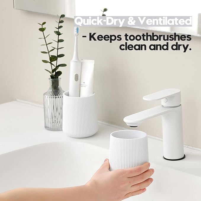 White Striped Toothbrush Holder for Electric Toothbrushes Bathroom Organizer for Toothpaste Kids & Adults