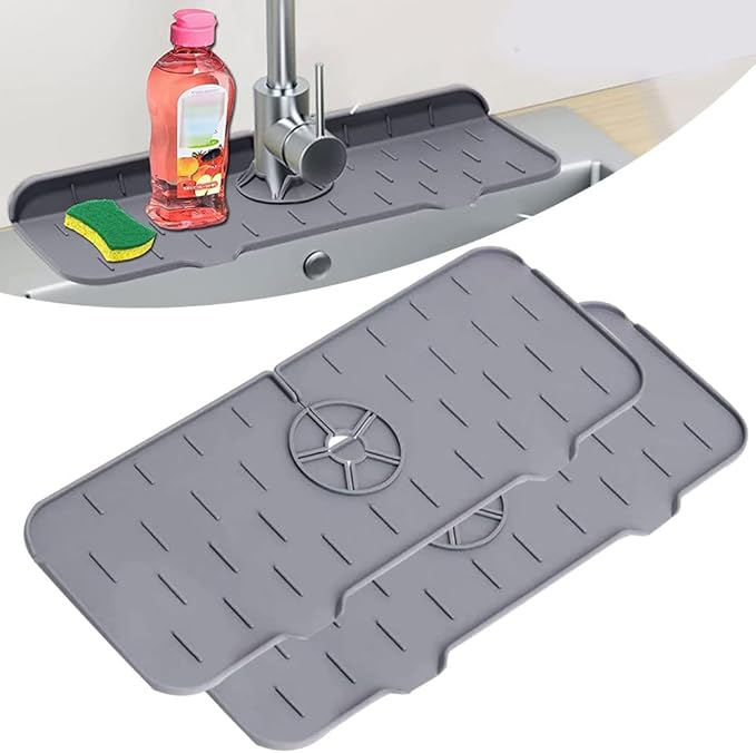 Silicone Faucet Sink Mat Sink Splash Guard, Sink Drain Pad Behind Faucet, Bathroom Drip Protector Splashback Countertop Protection Faucet Handle drip Catcher (Grey 2pcs)