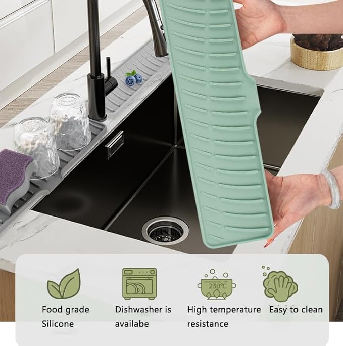 Silicone Faucet Mat for Kitchen Sink Bathroom Faucet Pad Sink Splash Guard Soap Sponge Holder Dish Drying Mat Double Side Available 2in1 Drainer Mat Heat-resistant 16.54x3.94in Green