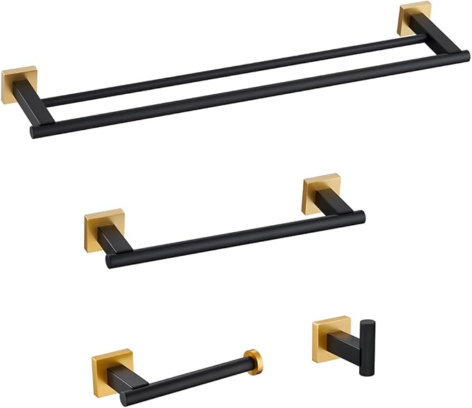Miyili 4-Piece Bathroom Hardware Kit Set Stainless Steel Wall Mount - Includes Double Towel Bar, Hand Towel Rack, Toilet Paper Holder, Robe Hook, Black & Gold, BS02BG4