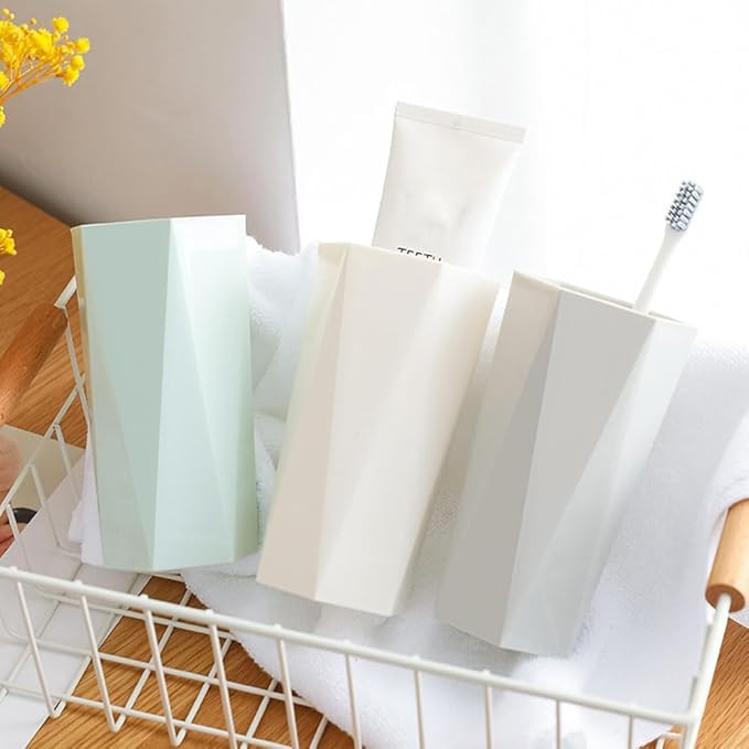 RabyLeo-Bathroom Cups 2Pieces, Plastic Toothbrush Holder, Tumbler Cup, Geometric Rhombus Mouth Cup, 400ml, (Grey & Green)