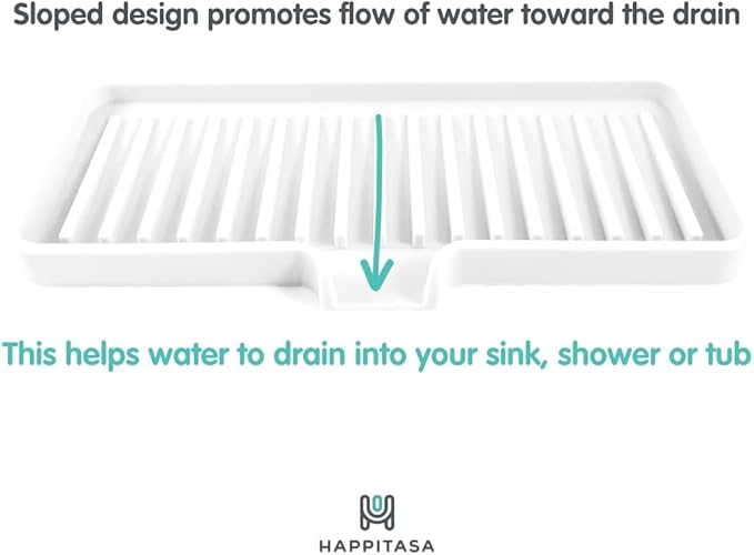 Happitasa Silicone Soap Dish Tray and Sponge Holder with Drain Chute | Bathroom and Kitchen Sink Organizer Caddy (Grey, 9"x3.5", 5.6 Ounces)