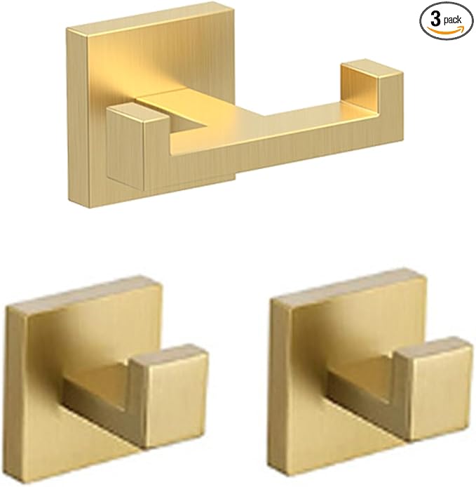 BOZWELL 1 Double Towel Hook and 2 Towel Hooks for Bathroom Light Brushed Gold Wall Mount，3 Pack Modern Square Style Coat Robe Hook，Stainless Steel Heavy Duty Door Hanger for Bathroom 1502-G-3