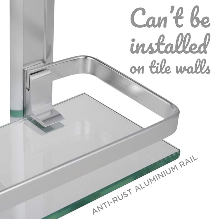 Comfecto 2-Tier Bathroom Glass Shelves, Wall Mounted Tempered Shelf Organizer Storage Holder with 14 Inch Rectangular Glass (8mm Thick) and Aluminum Rail for Shower Lavatory, Hardware Included