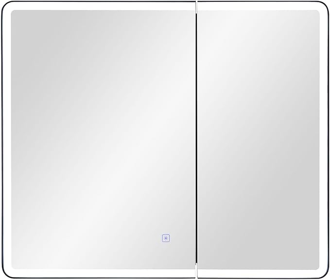 Lighted Bathroom Medicine Cabinet with Round Corner Framed Mirror Door 30 x 25.6 inch, Recessed or Surface Mount, with Adjustable Glass Shelves