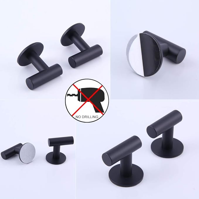 GERZWY Wall Hooks Adhesive for Hanging Towels Matte Black - Set of 2 - Premium Adhesive Hooks - Towel Hooks for Bathrooms - Sticky Hanging Wall Hangers Without Nails DZY026-BK