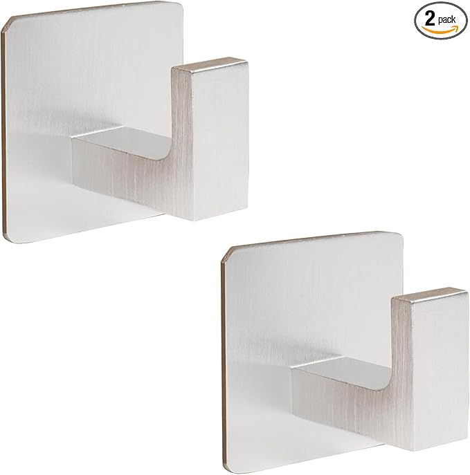 Bathroom Towel Hooks, 2 Pack Self Adhesive Square Coat Hooks, Sturdy No Drilling Robe Hook, Heavy Duty Aluminum Clothes Hanger, Wall Hooks for Bathroom Bedroom Kitchen (Sliver, 2 Inch)