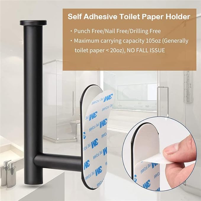 Toilet Paper Holder - Self Adhesive Toilet Paper Holder Wall Mount for Bathroom, SUS 304 Stainless Steel Command Strip Toilet Paper Roll Holder Stick On Wall, No Drilling - Matte Black（2 Pcs）