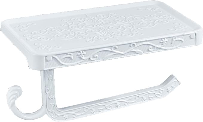 Vintage Carved Floral Toilet Paper Holder with Shelf - Crisp White Aluminum Bathroom Organizer, Wall Mounted Decorative Roll Holder for Bathroom/Vanity (7.24" Phone Shelf, Rust-Proof Finish)