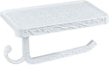Vintage Carved Floral Toilet Paper Holder with Shelf - Crisp White Aluminum Bathroom Organizer, Wall Mounted Decorative Roll Holder for Bathroom/Vanity (7.24" Phone Shelf, Rust-Proof Finish)