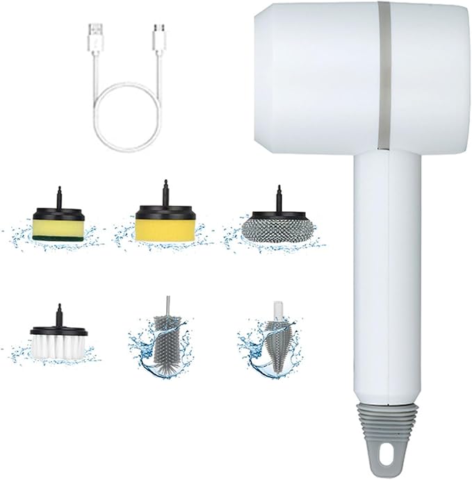 ASkinds Electric Spin Scrubber, 360 Rotating Cordless and Handheld Bathroom Scrubber with 6 Replaceable Cleaning Brush Heads for Cleaning Kitchen, Tile, Tub Floor, Sink, Window and Stove (White)
