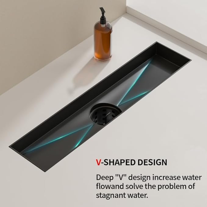 Linear Shower Drain, 304 Stainless Steel with Adjustable Leveling Feet, Hair Strainer,Reversely Install Place to Create an Invisible Floor Drain - Black -18-Inch
