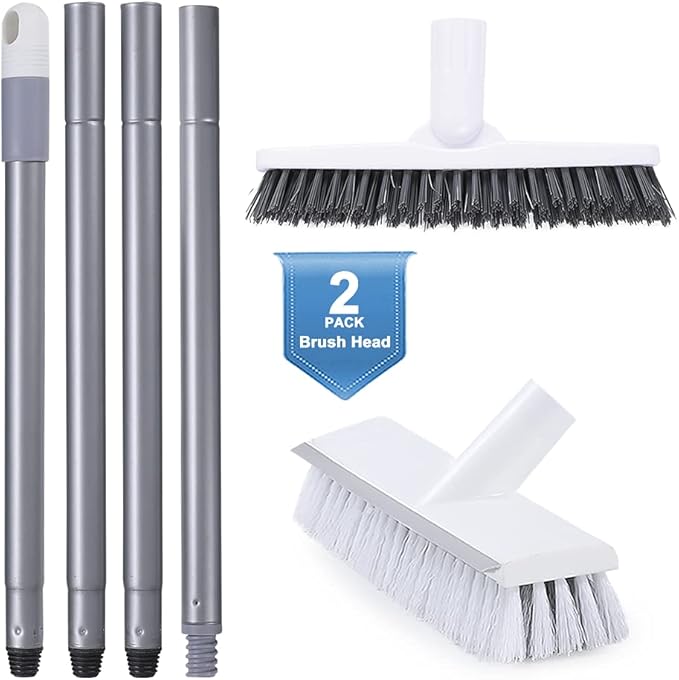 Floor Scrub Brush and Grout Brush Set with Long Handle, Heavy Duty Grout Cleaner Brush with Stiff Bristle for Tile, Corner, Carpet, Garage, Deck, Shower Floor (2 Pack Brush Head)