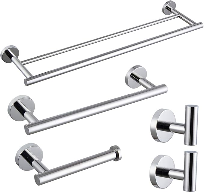 5-Pieces Set Bathroom Hardware Set Polished Stainless Steel Wall Mounted - Includes 24" Double Towel Bar, 12" Hand Towel Bar, Toilet Paper Holder, 2X Robe Towel Hooks, Bathroom Accessories Kit
