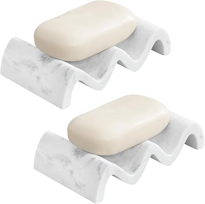 Luxspire Soap Dish, Marble Soap Dish, Self-draining Tray, Soap Holder Saver for Shower, Bathroom, Sink, Kitchen and Countertop, Gravel White, 2 Pack