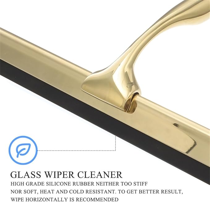 Gold T Design Aluminum Shower Squeegee with Silicone Brush for Bathroom Door Mirror Car Glass with Hook Scraper Cleaner,Gold,25.6 * 16.5cm Suction Cup Type