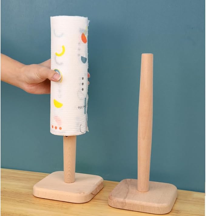 1PC Wooden Roll Paper Holder Stand 12.4inch Toilet Bathroom Tissue Roll Stand Organizer Toilet Paper Holder Free Standing for Home Countertop Kitchen Bathroom Living Room