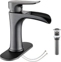 Waterfall Bathroom Faucet Black YUNDOOM Matte Black with Pop Up Drain Single Handle One Hole or Three Holes Vanity Farmhouse RV Vessel Basin Faucet Deck Mount