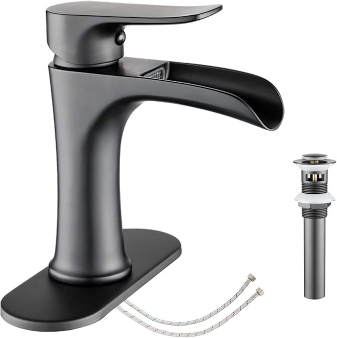 Waterfall Bathroom Faucet Black YUNDOOM Matte Black with Pop Up Drain Single Handle One Hole or Three Holes Vanity Farmhouse RV Vessel Basin Faucet Deck Mount