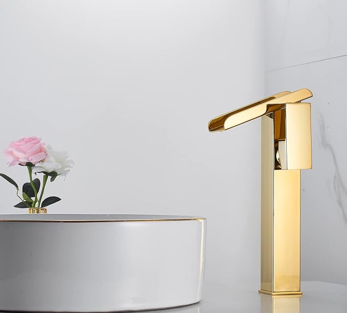 Bathroom Vessel Faucet Gold Waterfall Single Handle One Hole Bathroom Faucets Tall Body Brass Bath Vanity Lavatory Bowl Sink Contemporary Commercial Rustic Basin Mix Tap Deck Mount Water Supply Hose