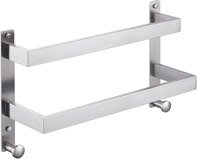 Bath Double Towel Bars with Hooks, 16 Inch Brushed Stainless Steel Towel Rail, Wall Mount Towel Rack for Bathroom Lavatory