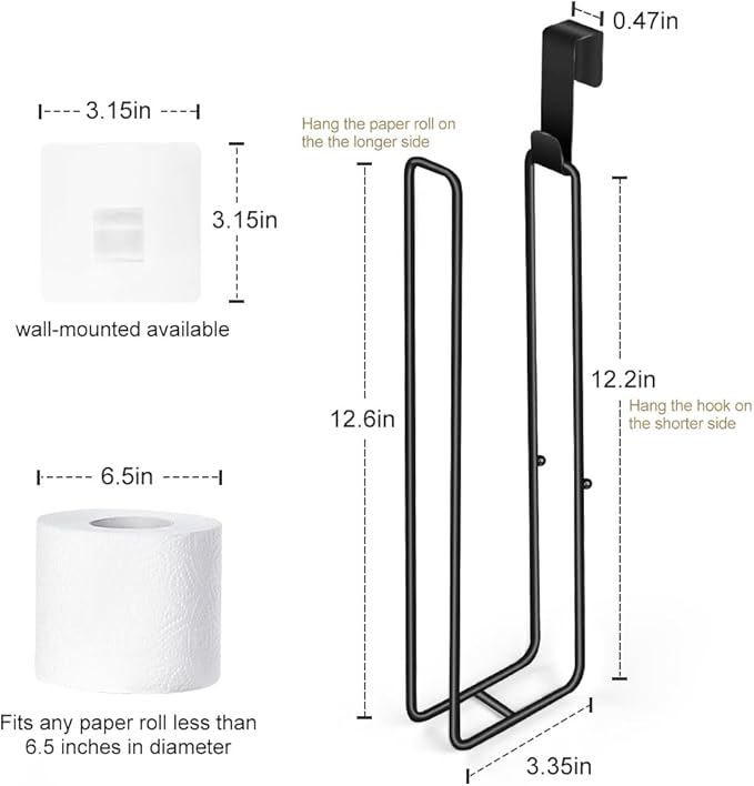 Toilet Paper Holder with Storagefor 3 Roll Tissue Wall Mounted Over The Tank Toilet Paper Holder Organizer Self Adhesive Toilet Paper Storage Stainless Steel Toliet Paper Holder（Black 1 Pcs）