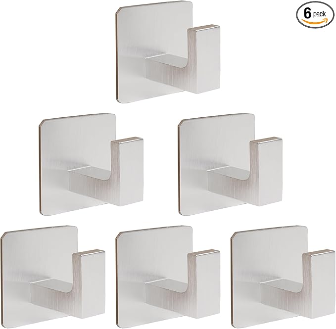 Bath Towel Hooks, 6 Pack Self Adhesive Square Coat Hooks, Sturdy No Drilling Robe Hook, Heavy Duty Aluminum Clothes Hanger, Wall Hooks for Bathroom Bedroom Kitchen (2 in, Silver)