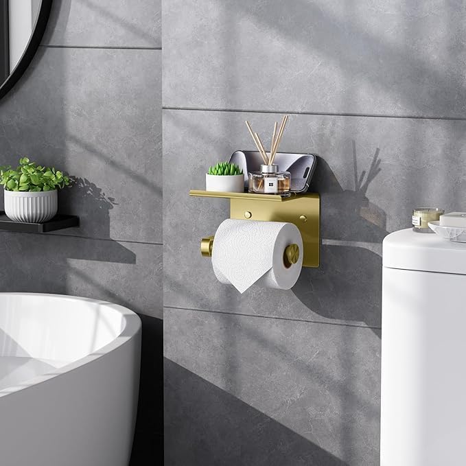 Adhesive Toilet Paper Holder with Phone Shelf Paper Tissue Holder Storage Stainless Steel Wall Mounted Toilet Roll Holder Dispenser,Paper Holder with Shelf Bathroom Organizer Gold