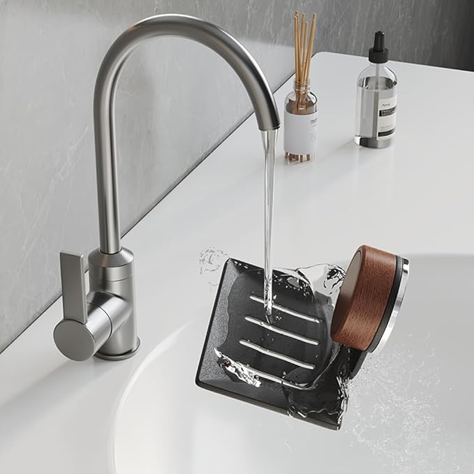 Soap Dish, Walnut and Stainless Steel,Soap Bar Holder for Shower Double-Sided Tape Wall Mounted, No-Drilling Waterproof Sponge Holder for Bathroom Bathtub Kitchen Sink, Keep Dry (White)