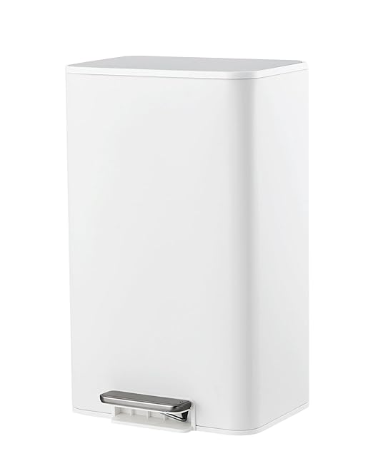 Garvee Space-Saving Office Trash Can, 4.8 Gallon Trash Can with Soft-Close Lid, Foot Pedal & Removable Inner Bucket, Rectangular Stainless Steel Garbage Can for Small Kitchen, Home, Garage, White