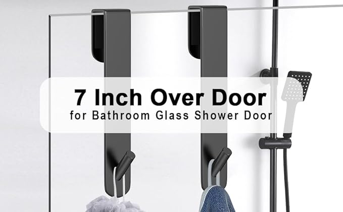 Shower Door Hook, Extended Length Frameless Shower Door Hook (7 Inches), Heavy-Duty Bathrobe Towel Stainless Steel Hook, No Drilling or Adhesive Required, 2-Pack,Black