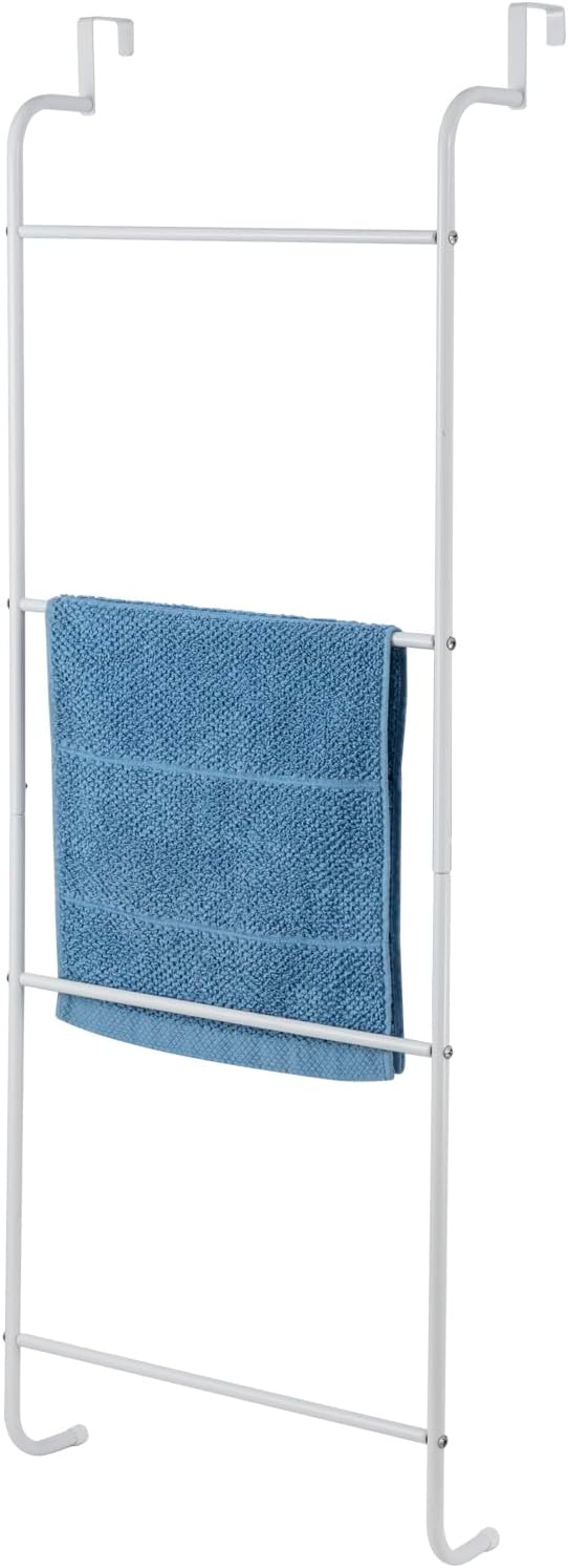 MyGift 4 Rung White Metal Ladder Over The Door Towel Rack - Bathroom Towel Holder, Space Saving Over Shower Door Drying Rack for Towels & Blankets