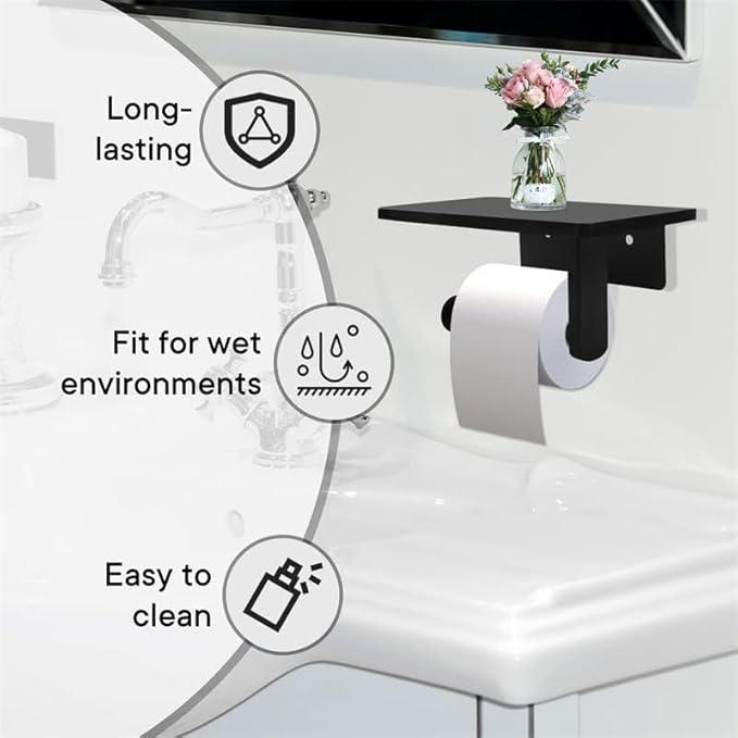 Toilet Paper Holder with Natural Marble Shelf for Bathroom Washroom,Wall Mounted Tissue Holder Suitable for Mega Roll (Middle 7.87 * 4.72 in, Black)