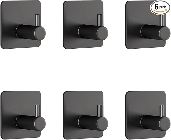 Miliocry 6 Packs Bathroom Towel Hooks, Adhesive Hooks Heavy Duty Wall Hook, Waterproof Stainless Steel Towel Hanger Robe Hat Coat Holder, Wall Mount Hooks for Bathroom,Bedroom,Kitchen(Black-Square)