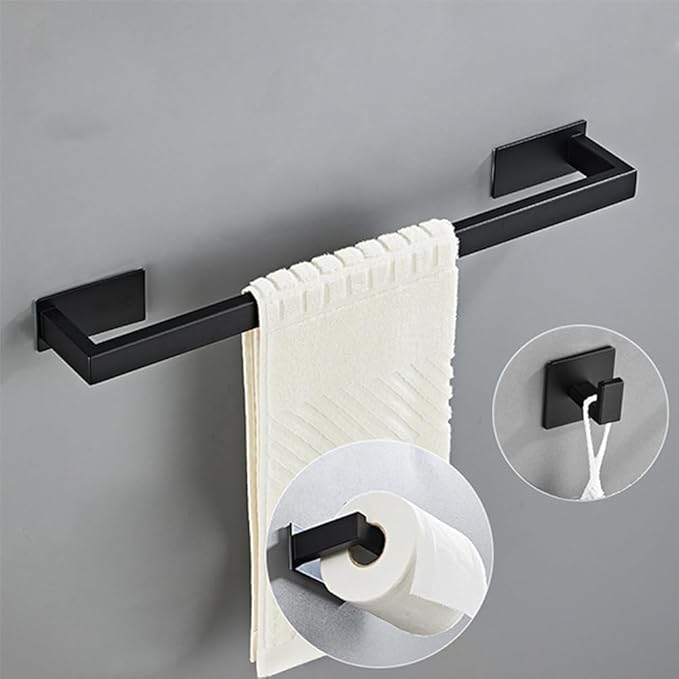 5 Pieces Self Adhesive Bathroom Hardware Set-SUS304 Stainless Steel-Towel Rack Set Include 24″Towel Bar+Toilet Paper Holder+3 Towel/Robe Hooks Bathroom Accessory Towel Bar Set (Black, 24 in)