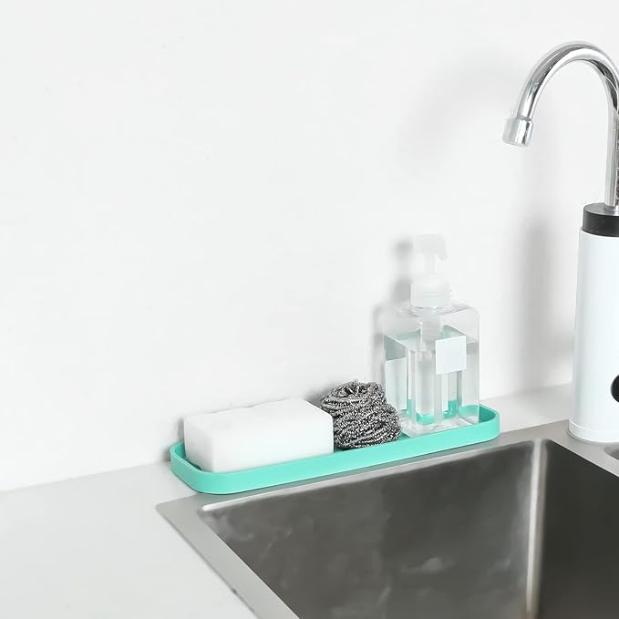 Silicone Kitchen Sink Organizer Tray for Multiple Usage,Eco-Friendly Sponges Holder for Kitchen Bathroom Counter or Sink,Dish Soap Dispenser,Scrubber,Bottle,Cup (Mint, 12"×4")