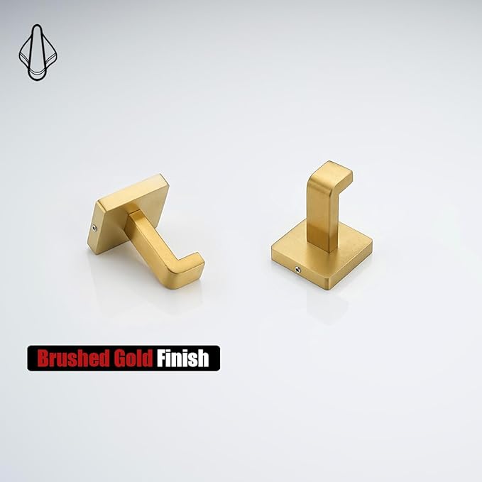 JQK Bathroom Towel Hook Gold, Coat Robe Clothes Bath Wall Hooks for Kitchen Garage SUS 304 Stainless Steel Thick 0.8mm, 2 Pack Brushed Gold, TH250-BG-P2