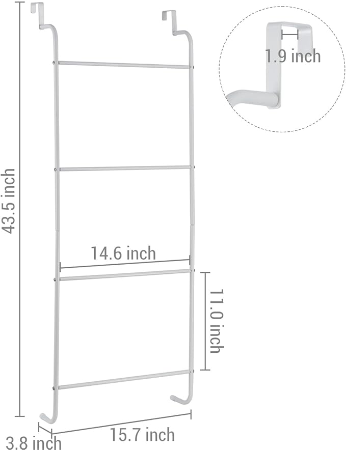 MyGift 4 Rung White Metal Ladder Over The Door Towel Rack - Bathroom Towel Holder, Space Saving Over Shower Door Drying Rack for Towels & Blankets