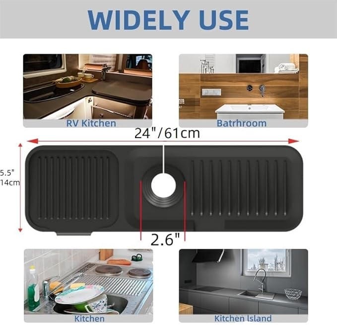 Kitchen Sink Splash Guard,5°slope sink splash guard behind faucet，24in Faucet Mat Splash Catcher，Longer Silicone Sink Mat，Mat Protectors for Kitchen Sink (Black, XL)