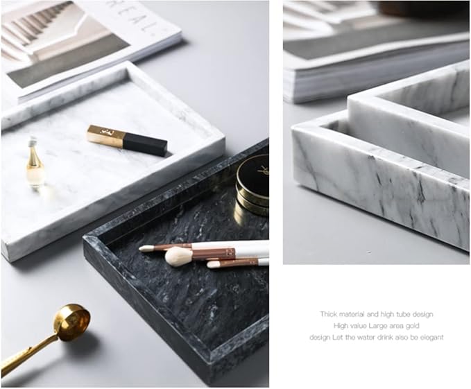 Black Marble Tray, Stone Bathroom Tray, Decorative Holder for Tissrue, Candle, Soap, Towel, Plant (Black - 10 x 6)