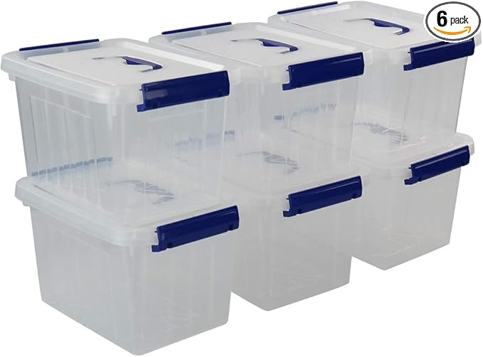 6 Quart Plastic Storage Latch Box, 6-Pack Clear Storage Bin with Handle