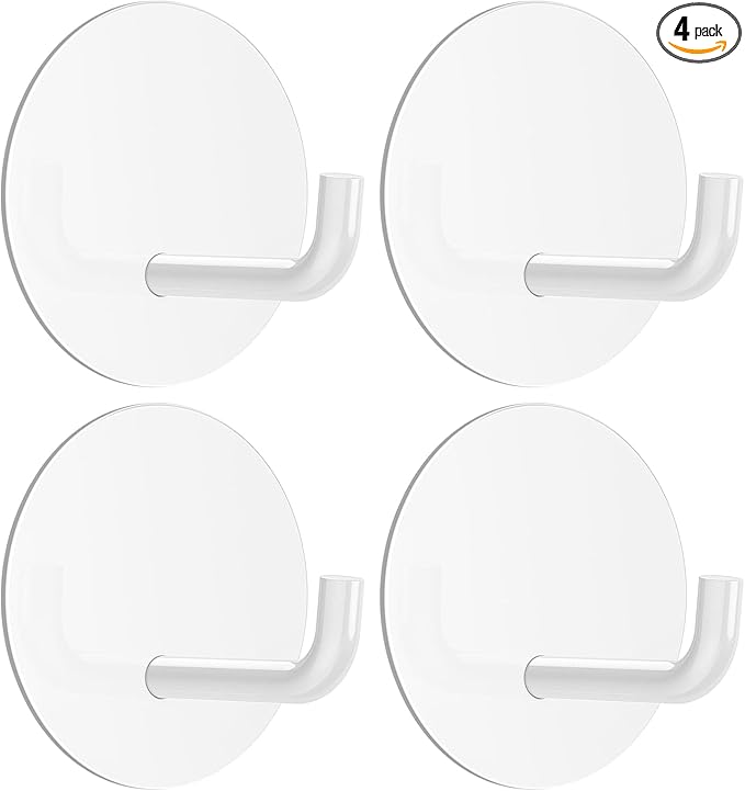 VIS'V Adhesive Hooks, Small Metal Shower Wall Stick on Hooks, Waterproof, 2 Extra Adhesive Strips, Round, White, 4 Pcs