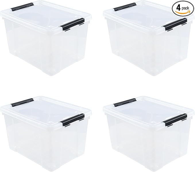 4-Pack 50 L Wheeled Clear Plastic Storage Latch Box, Large Clear Storage Bin with Lid
