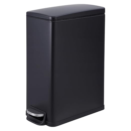 Garvee Slim Trash Can with Lid, 12 Gal (45 L) Stainless Steel Kitchen Garbage Can with Inner Bucket and Step On Foot Pedal, Narrow Metal Trash Bin, Black